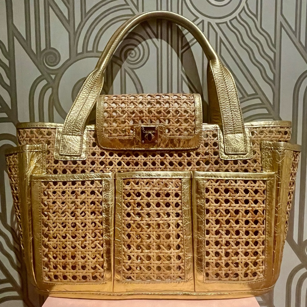 Calvin Klein Gold Leather & Raffia Bag: Good Condition